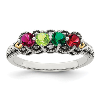 Sterling Silver Antiqued w/14k 5-stone w/Diamond Mother's Ring Semi-Mount