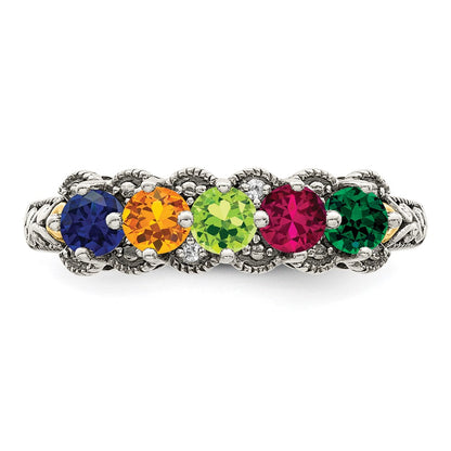 Sterling Silver Antiqued w/14k 5-stone w/Diamond Mother's Ring Semi-Mount