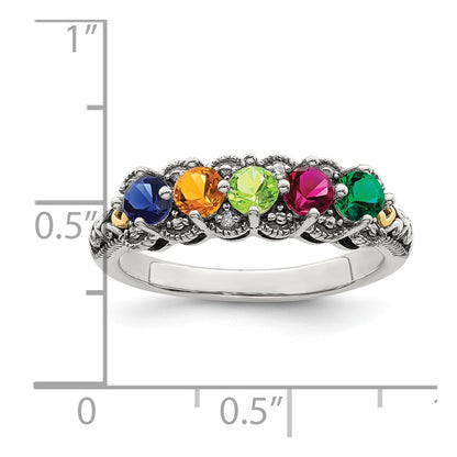 Sterling Silver Antiqued w/14k 5-stone w/Diamond Mother's Ring Semi-Mount