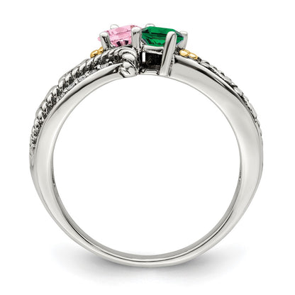 Sterling Silver Antiqued w/14k 2-stone w/Diamond Mother's Ring Semi-Mount