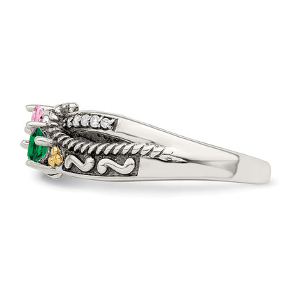 Sterling Silver Antiqued w/14k 2-stone w/Diamond Mother's Ring Semi-Mount