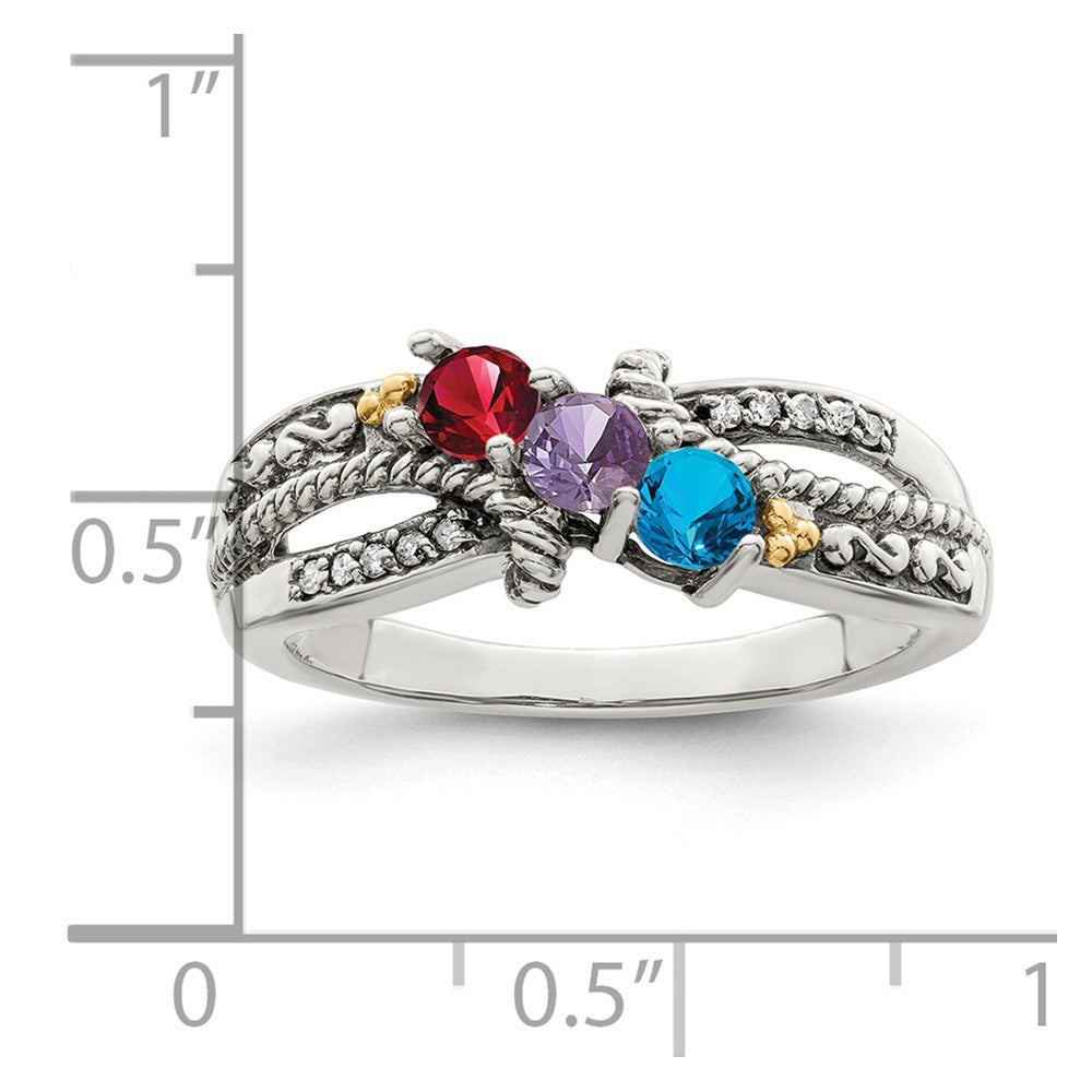 Sterling Silver Antiqued w/14k 3-stone w/Diamond Mother's Ring Semi-Mount
