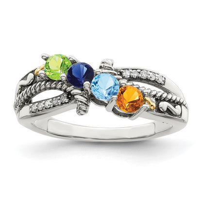 Sterling Silver Antiqued w/14k 4-stone w/Diamond Mother's Ring Semi-Mount