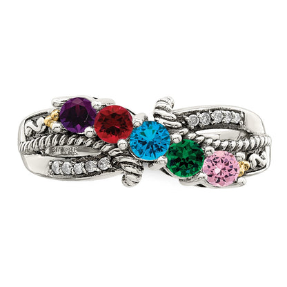 Sterling Silver Antiqued w/14k 5-stone w/Diamond Mother's Ring Semi-Mount