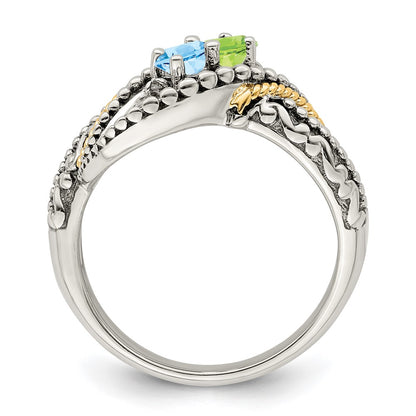 Sterling Silver Antiqued w/14k 2-stone w/Diamond Mother's Ring Semi-Mount