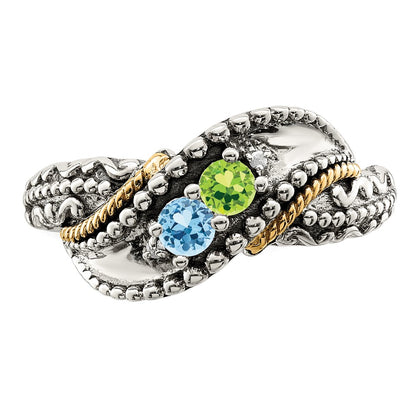 Sterling Silver Antiqued w/14k 5-stone w/Diamond Mother's Ring Semi-Mount