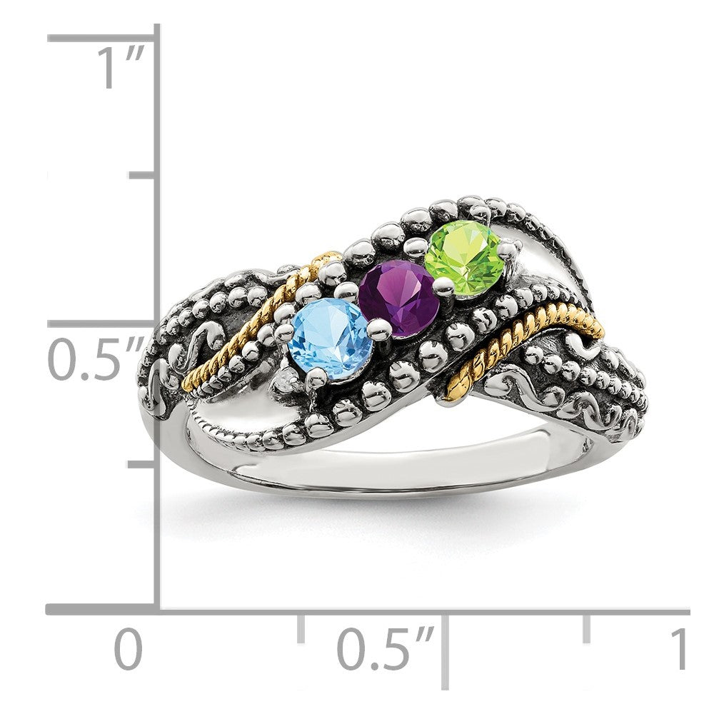 Sterling Silver Antiqued w/14k 3-stone w/Diamond Mother's Ring Semi-Mount