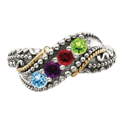 Sterling Silver Antiqued w/14k 4-stone w/Diamond Mother's Ring Semi-Mount