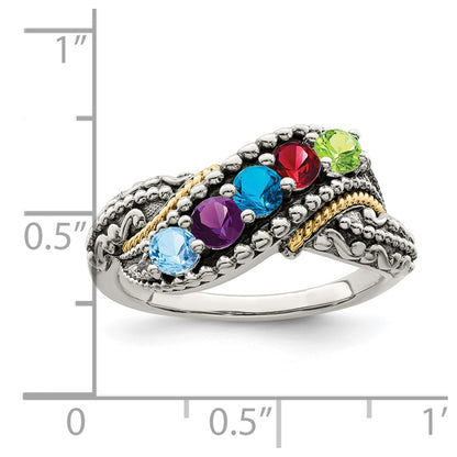 Sterling Silver Antiqued w/14k 5-stone w/Diamond Mother's Ring Semi-Mount