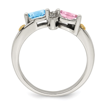 Sterling Silver Antiqued w/14k 2-stone w/Diamond Mother's Ring Semi-Mount