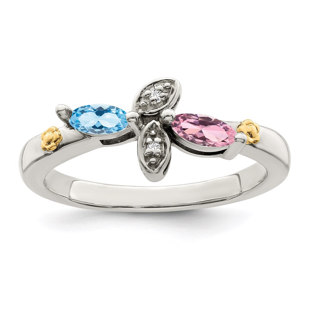 Sterling Silver Antiqued w/14k 2-stone w/Diamond Mother's Ring Semi-Mount