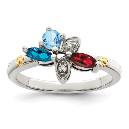 Sterling Silver Antiqued w/14k 3-stone w/Diamond Mother's Ring Semi-Mount