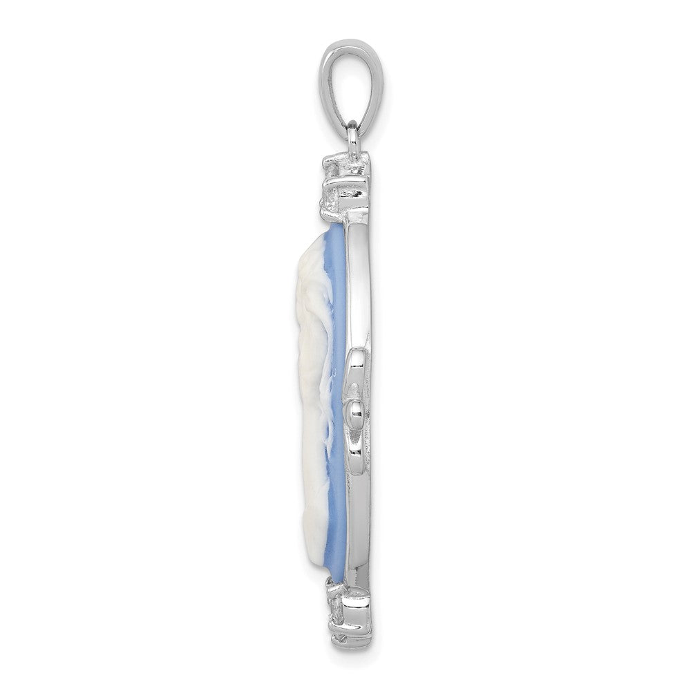Sterling Silver Rhodium-plated Blue Plastic Cameo with CZ accents Pendant