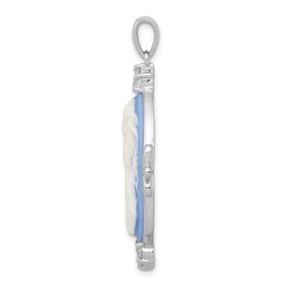 Sterling Silver Rhodium-plated Blue Plastic Cameo with CZ accents Pendant