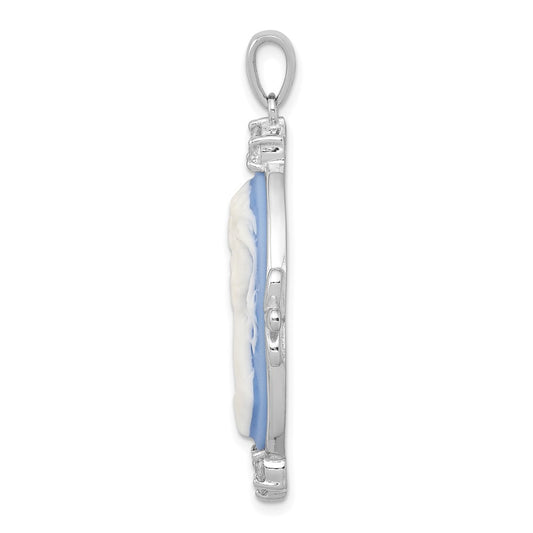 Sterling Silver Rhodium-plated Blue Plastic Cameo with CZ accents Pendant
