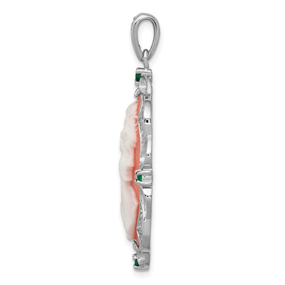 Sterling Silver Rhodium-plated Filigree Frame with Green Glass and Clear CZ Accents Plastic Pink Lady Cameo Pendant