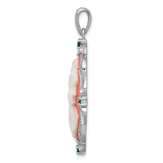 Sterling Silver Rhodium-plated Filigree Frame with Green Glass and Clear CZ Accents Plastic Pink Lady Cameo Pendant