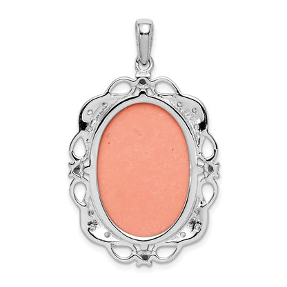 Sterling Silver Rhodium-plated Filigree Frame with Green Glass and Clear CZ Accents Plastic Pink Lady Cameo Pendant