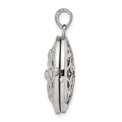 Sterling Silver Rhodium-plated CZ Fancy Filigree Oval 22mm Locket