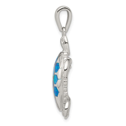 Sterling Silver Rhod-plated Created Blue Opal Inlay/CZ Tortoise Pendant