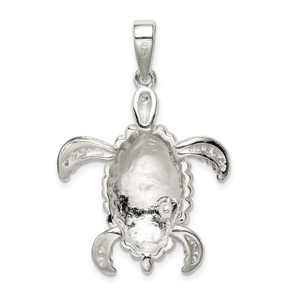 Sterling Silver Rhod-plated Created Blue Opal Inlay/CZ Tortoise Pendant