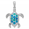 Sterling Silver Rhod-plated Created Blue Opal Inlay/CZ Tortoise Pendant