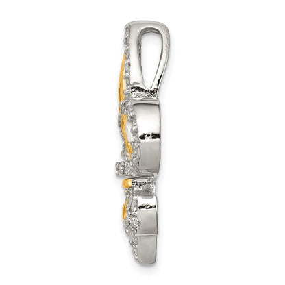 Sterling Silver CZ Fleur de Lis w/ Flash Gold-Plated Chain Slide Pendant