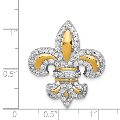 Sterling Silver CZ Fleur de Lis w/ Flash Gold-Plated Chain Slide Pendant
