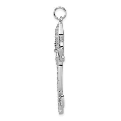 Sterling Silver Rhodium-plated Black/White CZ Fleur de Lis Key Pendant