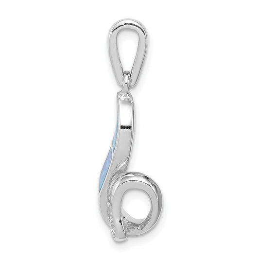 Sterling Silver Rhod-plated CZ Blue Inlay Created Opal Twisted Pendant
