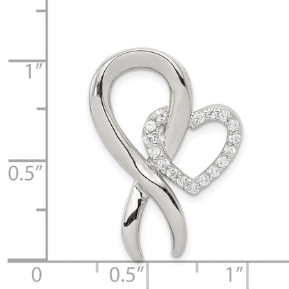 Sterling Silver Rhod-plated CZ Heart/Breast Cancer Ribbon Chain Slide