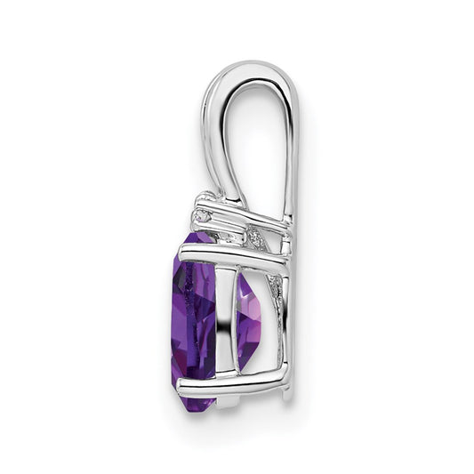 Sterling Silver Rhodium Plated Diamond and Amethyst Oval Pendant