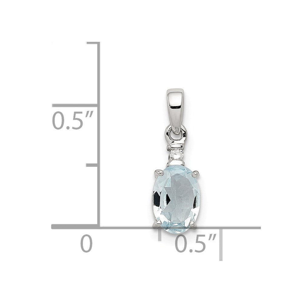 Sterling Silver Rhodium Plated Diamond Aquamarine Oval Pendant