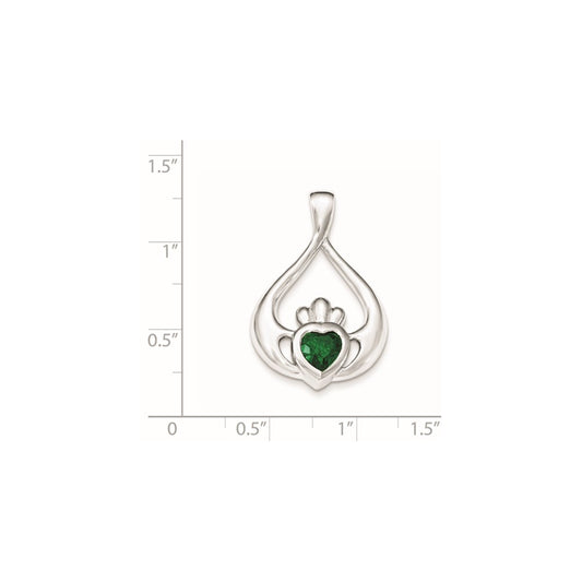 Sterling Silver Rhodium-plated Green CZ Heart Claddagh Pendant