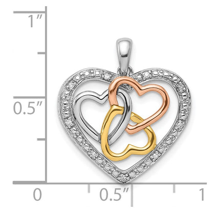 Sterling Silver Rhodium w/White, Yellow, & Rose Gold Plating Diamond Heart Pendant