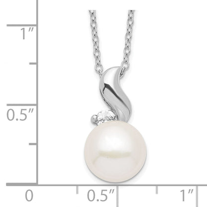 Sterling Silver Rhodium-plated 9-10mm White Button Freshwater Cultured Pearl and CZ 17 inch Necklace
