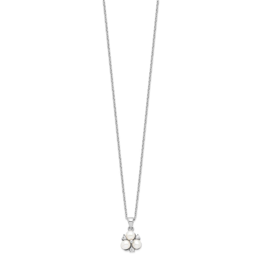 Sterling Silver Rhodium-plated 5-6mm White Button Freshwater Cultured 3-Pearl and CZ 17 inch Necklace