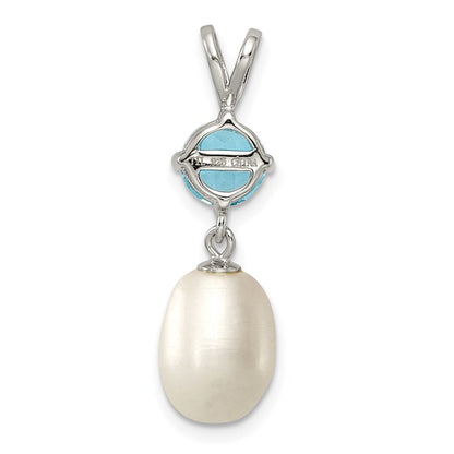 Sterling Silver Rhodium-plated 8-9mm White Teardrop Freshwater Cultured Pearl and 1.05BT Blue Topaz Pendant