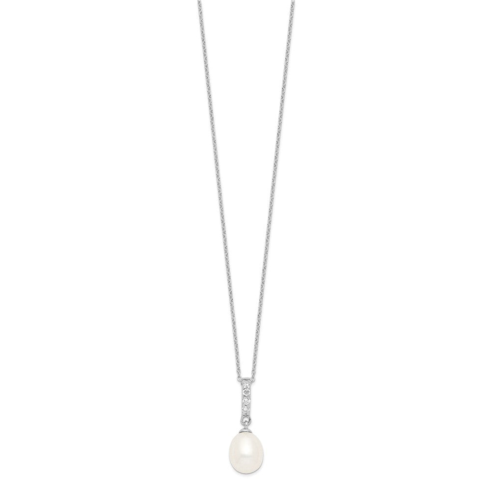 Sterling Silver Rhodium-plated 8-9mm White Teardrop Freshwater Cultured Pearl and CZ 17 inch Necklace