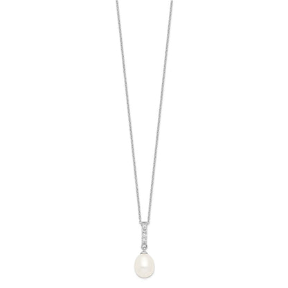 Sterling Silver Rhodium-plated 8-9mm White Teardrop Freshwater Cultured Pearl and CZ 17 inch Necklace