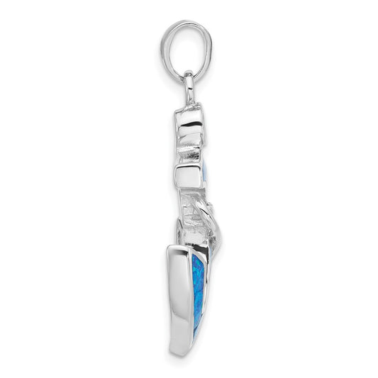 Sterling Silver Rhodium-plated Blue Created Opal Anchor Pendant