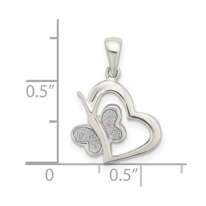 Sterling Silver Polished Glitter Enamel Heart w/Butterfly Pendant