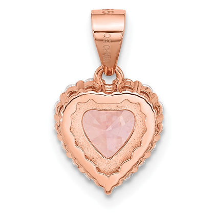 Sterling Silver Rose-tone Pink Crystal Heart and Clear CZ Pendant