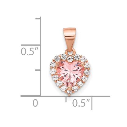 Sterling Silver Rose-tone Pink Crystal Heart and Clear CZ Pendant