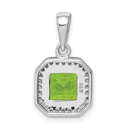 Sterling Silver Rhodium Plated Clear CZ and Square Green CZ Pendant