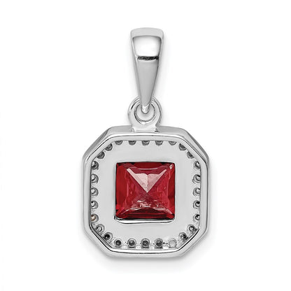 Sterling Silver Rhodium Plated Clear CZ and Square Red CZ Pendant