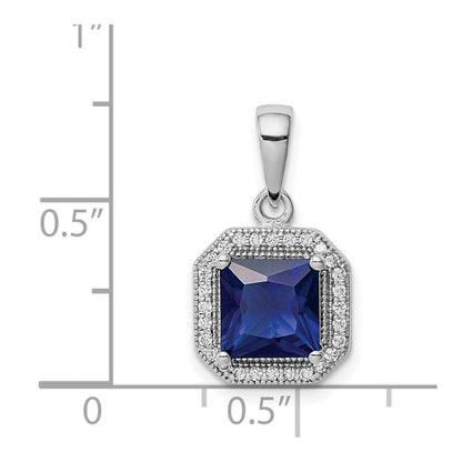 Sterling Silver Rhodium Plated Clear CZ and Square Blue CZ Pendant