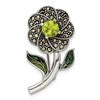 Sterling Silver Antiqued Enamel Marcasite and Green Glass Stone Flower Pin
