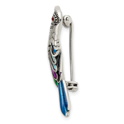 Sterling Silver Antiqued Multicolored Enameled Marcasite and Garnet Bird Pin Brooch
