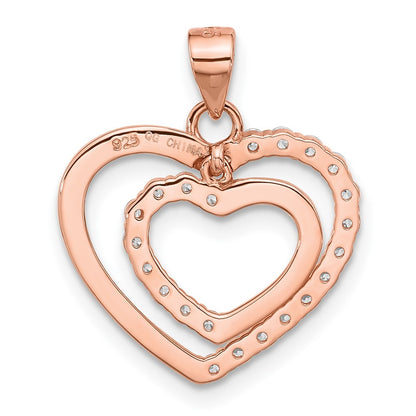 Sterling Silver Rose-tone CZ Double Heart Pendant